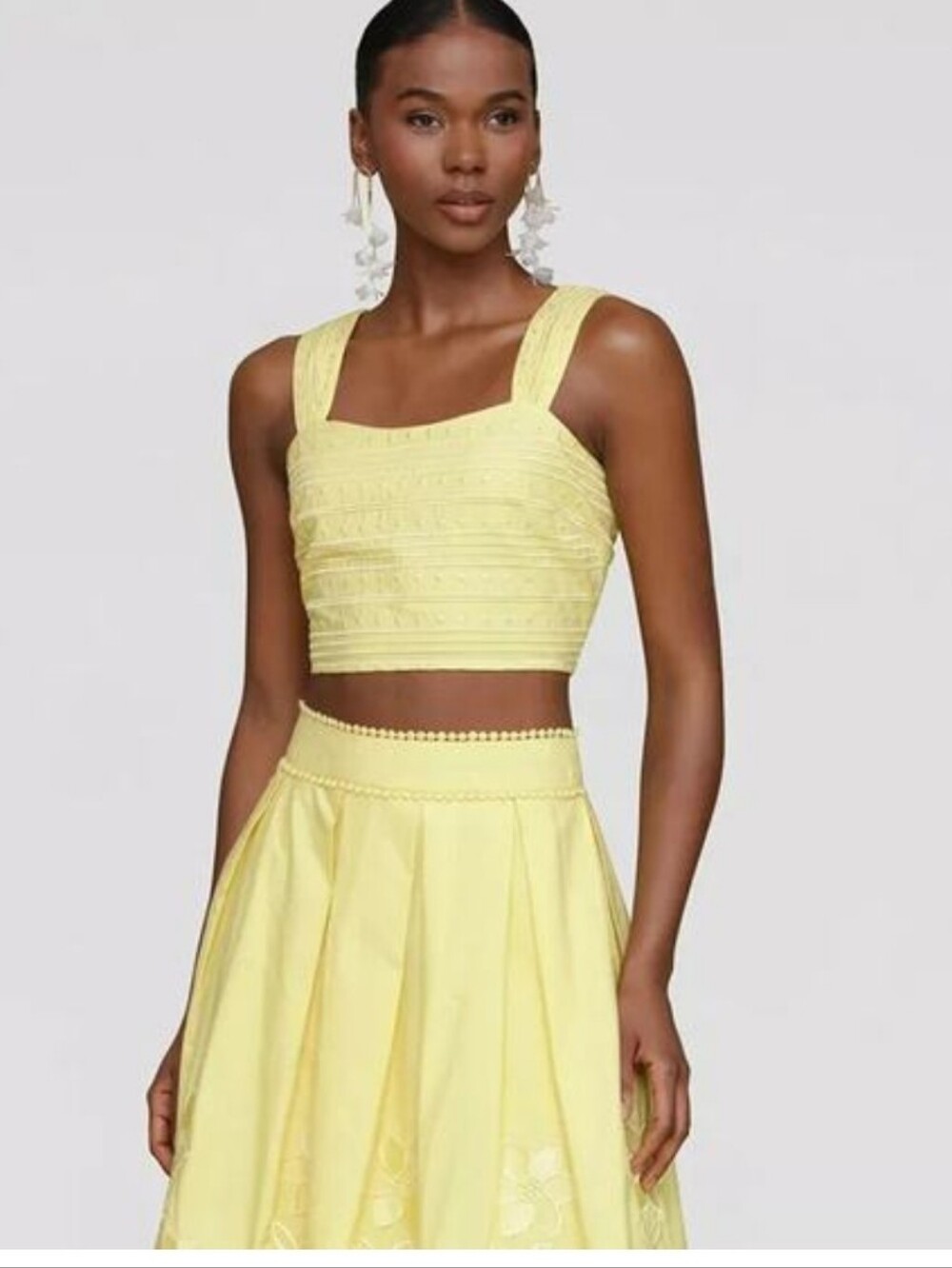 Avec Les Filles yellow embroidered eyelet crop smocked tank top and Skirt size M - Picture 6 of 16
